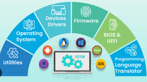 Infographic showing types of software: system, application, utility, programming, middleware, and firmware
