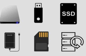 Comparison of primary and secondary storage devices including RAM, SSD, HDD, and pen drive with labeled icons and descriptions